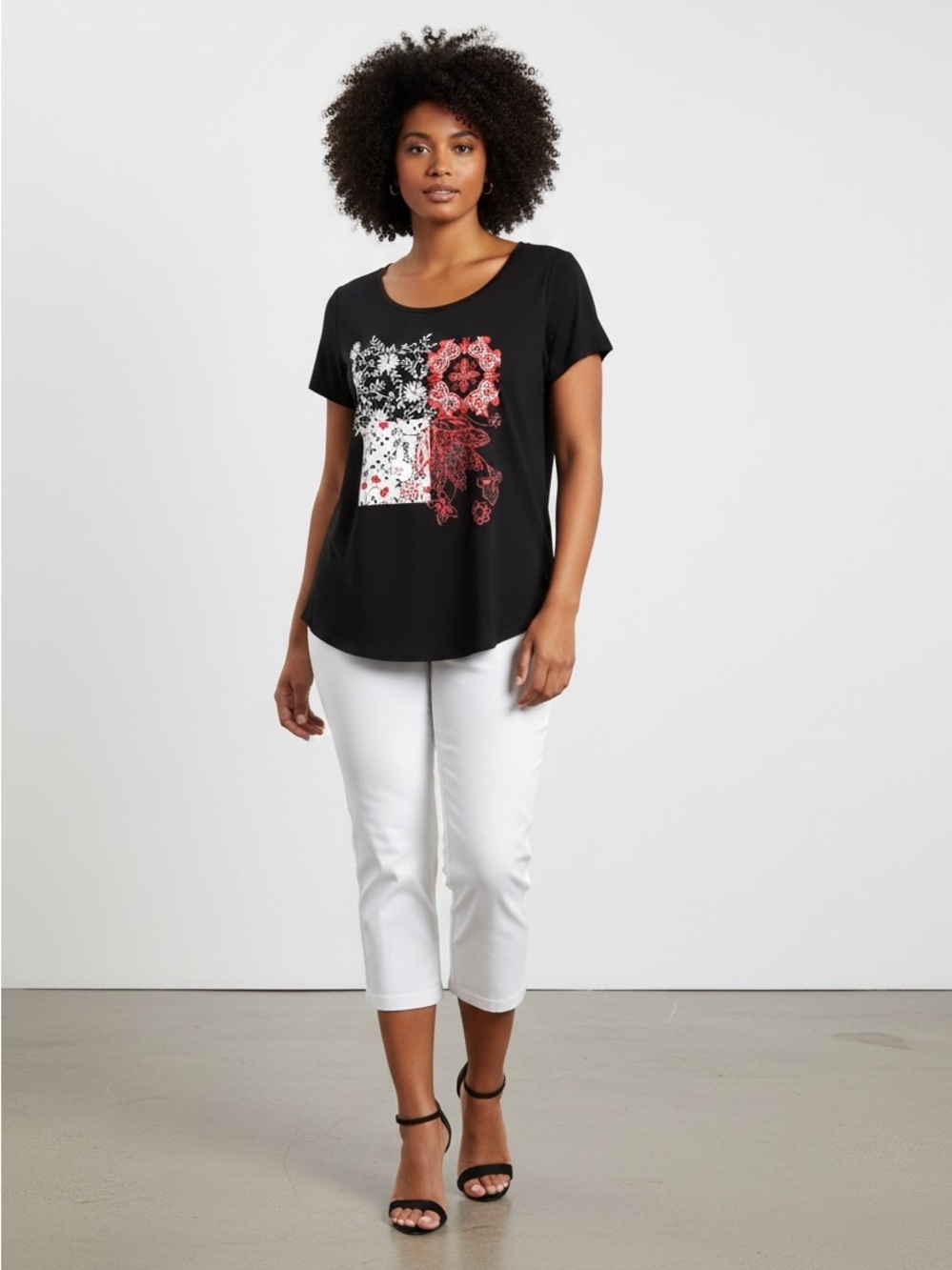 Addition Elle (Michel Studio) Plus Size X, Soft Stretch Tee Black Floral Print